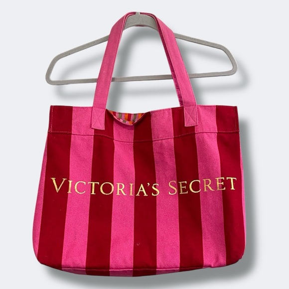 Victoria's Secret Handbags - Victoria's Secret Pink Red Striped Canvas Tote Bag Metallic Beach Travel Summer